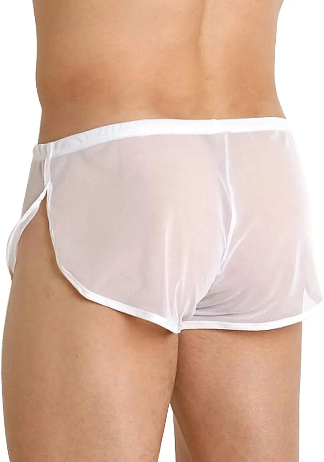 Men's Sexy Underwear Mesh Sheer Breathable Boxer Briefs with Large Split Low Rise See Through Solid Color Underpants