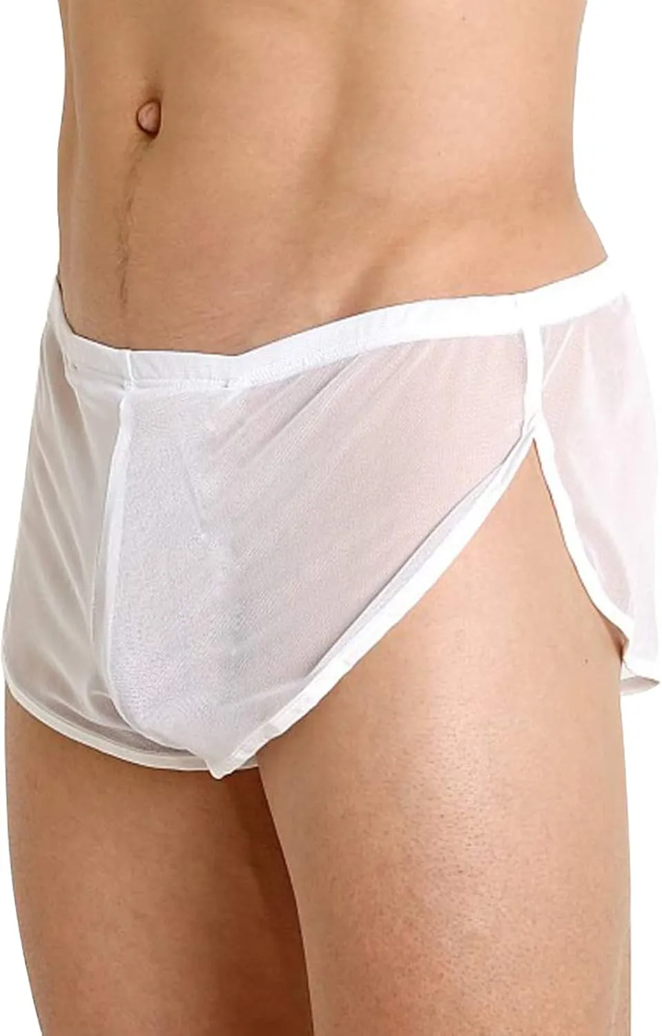 Men's Sexy Underwear Mesh Sheer Breathable Boxer Briefs with Large Split Low Rise See Through Solid Color Underpants