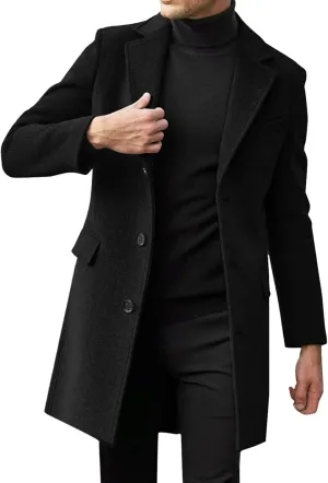 Men's Trench Coat Winter Warm Slim Fit Notch Lapel Single Breasted Top Coat Cotton Business Long Jacket Overcoat