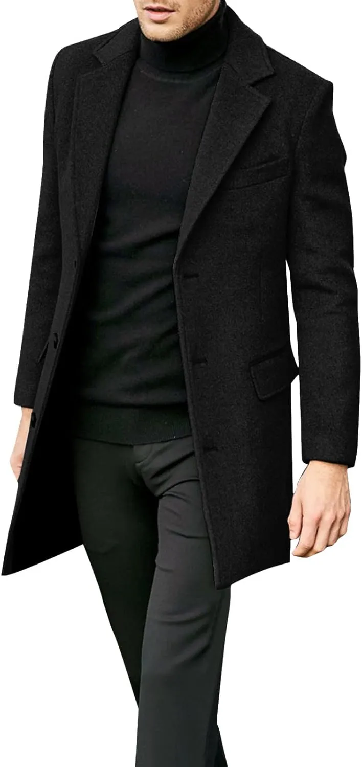 Men's Trench Coat Winter Warm Slim Fit Notch Lapel Single Breasted Top Coat Cotton Business Long Jacket Overcoat