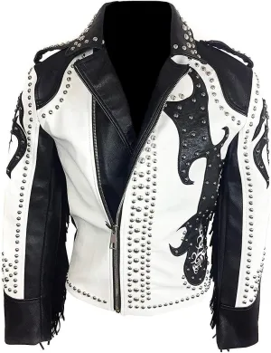 Mens Tribal Rock Punk Rivet Gothic Studded Motorcycle Fringes Biker Leather Jacket-Black White Western Style Jacket
