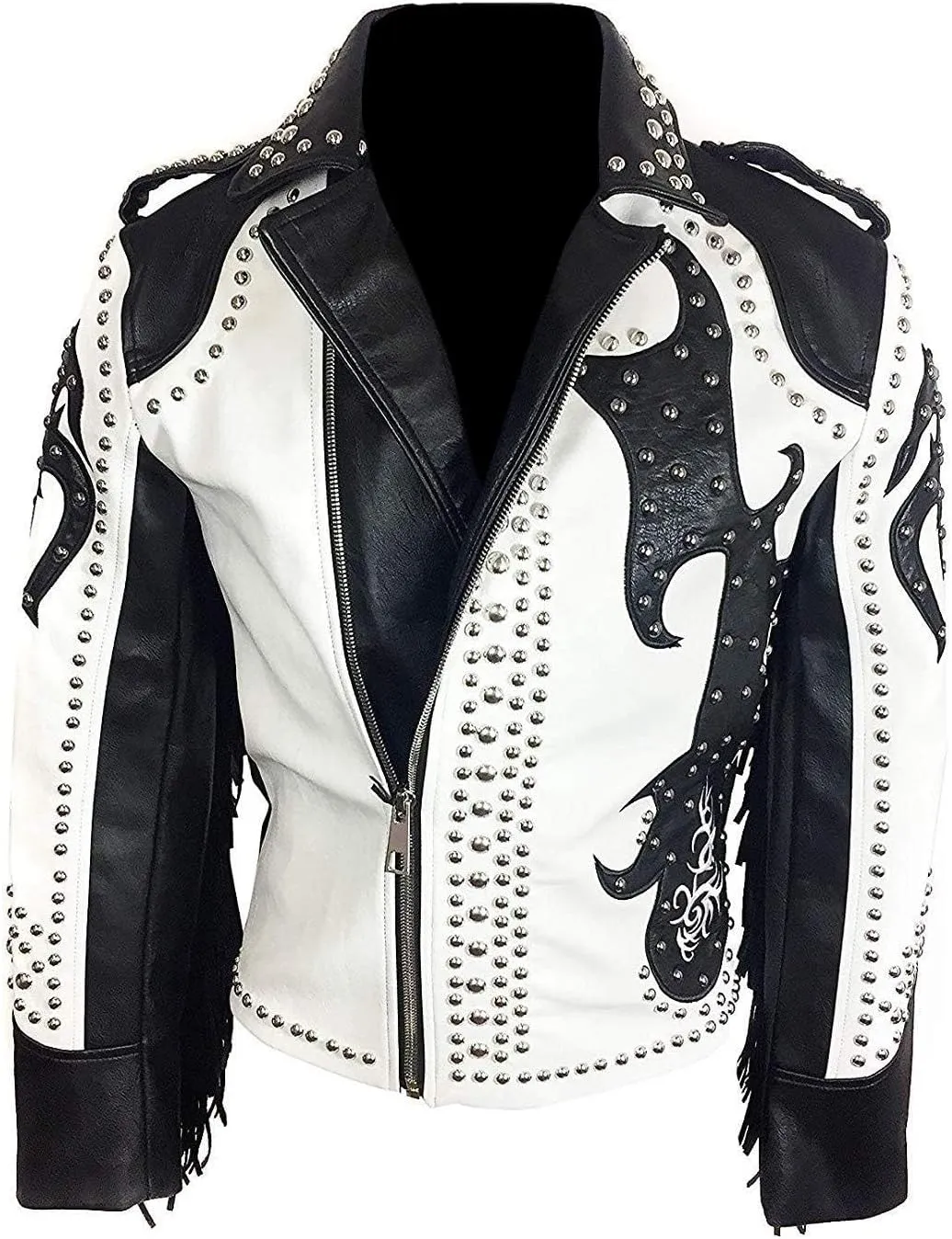 Mens Tribal Rock Punk Rivet Gothic Studded Motorcycle Fringes Biker Leather Jacket-Black White Western Style Jacket