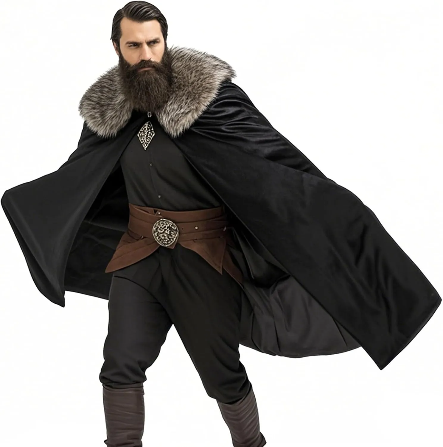Mens Viking Fur Shoulder Cape Brown With Fur Cloak Medieval King Cape Costume Halloween LARP Cosplay