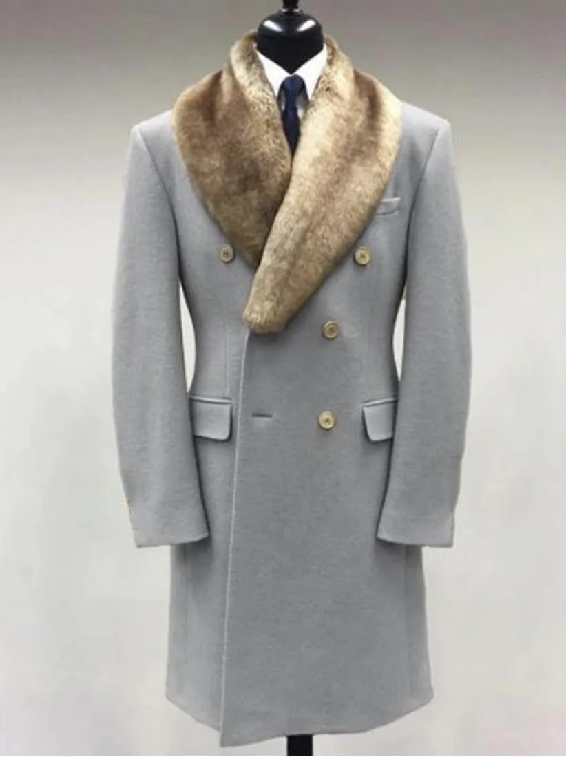 Men's Winter Trench Overcoat Removable Faux Fur Collar Top Coat Double Breasted Business Long Pea Coat