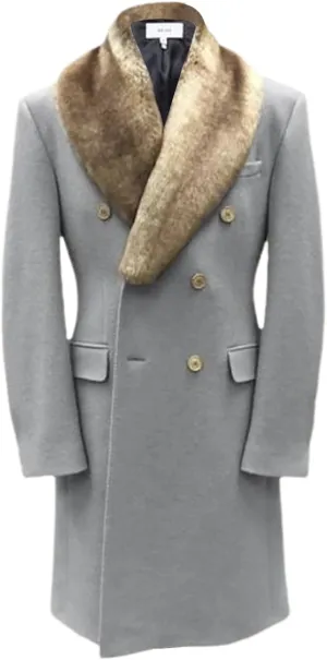 Men's Winter Trench Overcoat Removable Faux Fur Collar Top Coat Double Breasted Business Long Pea Coat
