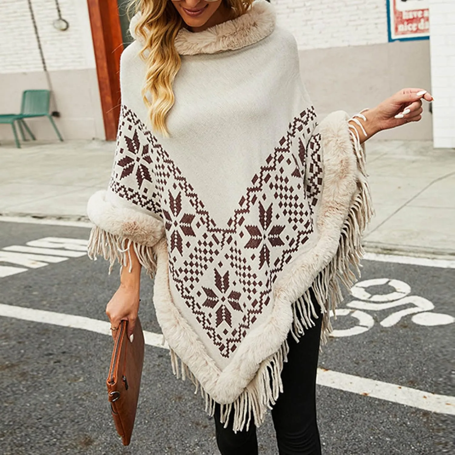 NATHGAM Women's Turtleneck Tassel Wraps Shawl Boho Faux Fur Trim Winter Poncho Sweater Oversized Embroidered Soft Cape Cloak