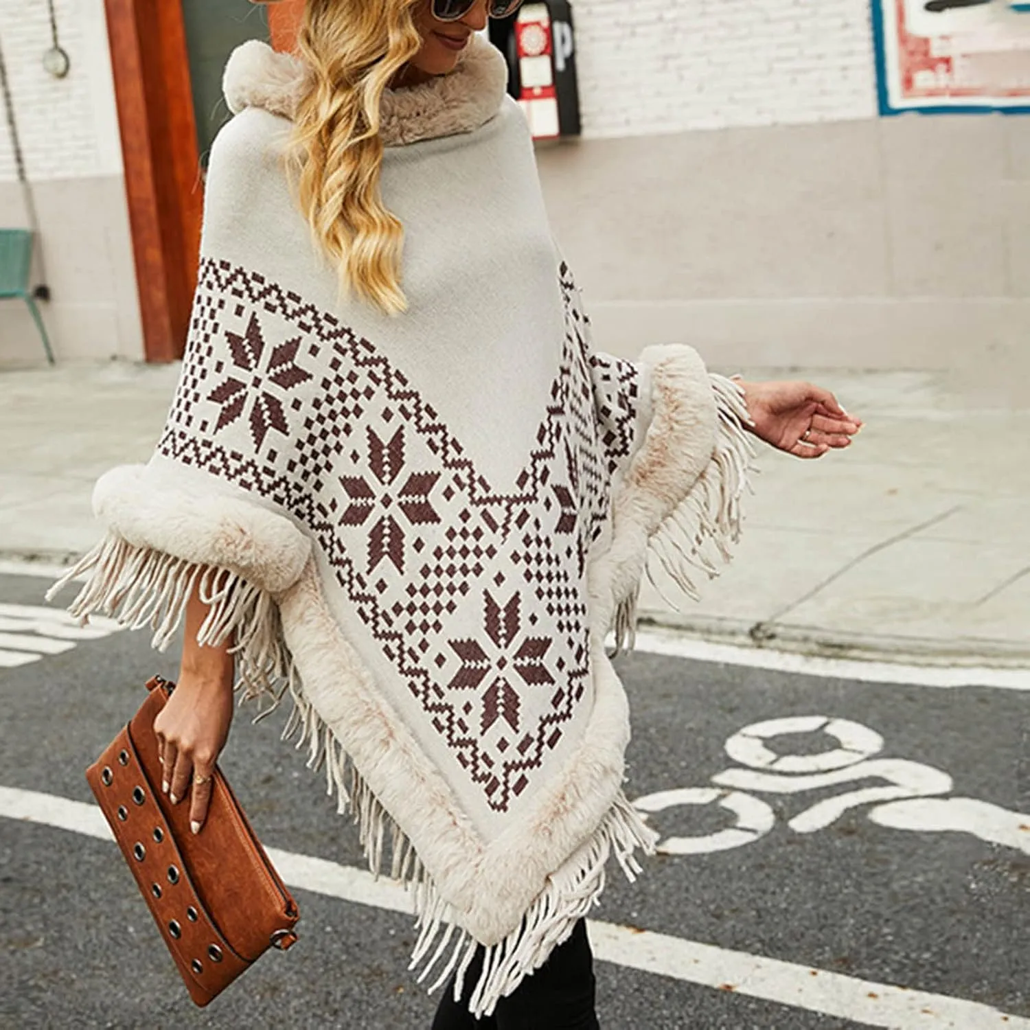 NATHGAM Women's Turtleneck Tassel Wraps Shawl Boho Faux Fur Trim Winter Poncho Sweater Oversized Embroidered Soft Cape Cloak