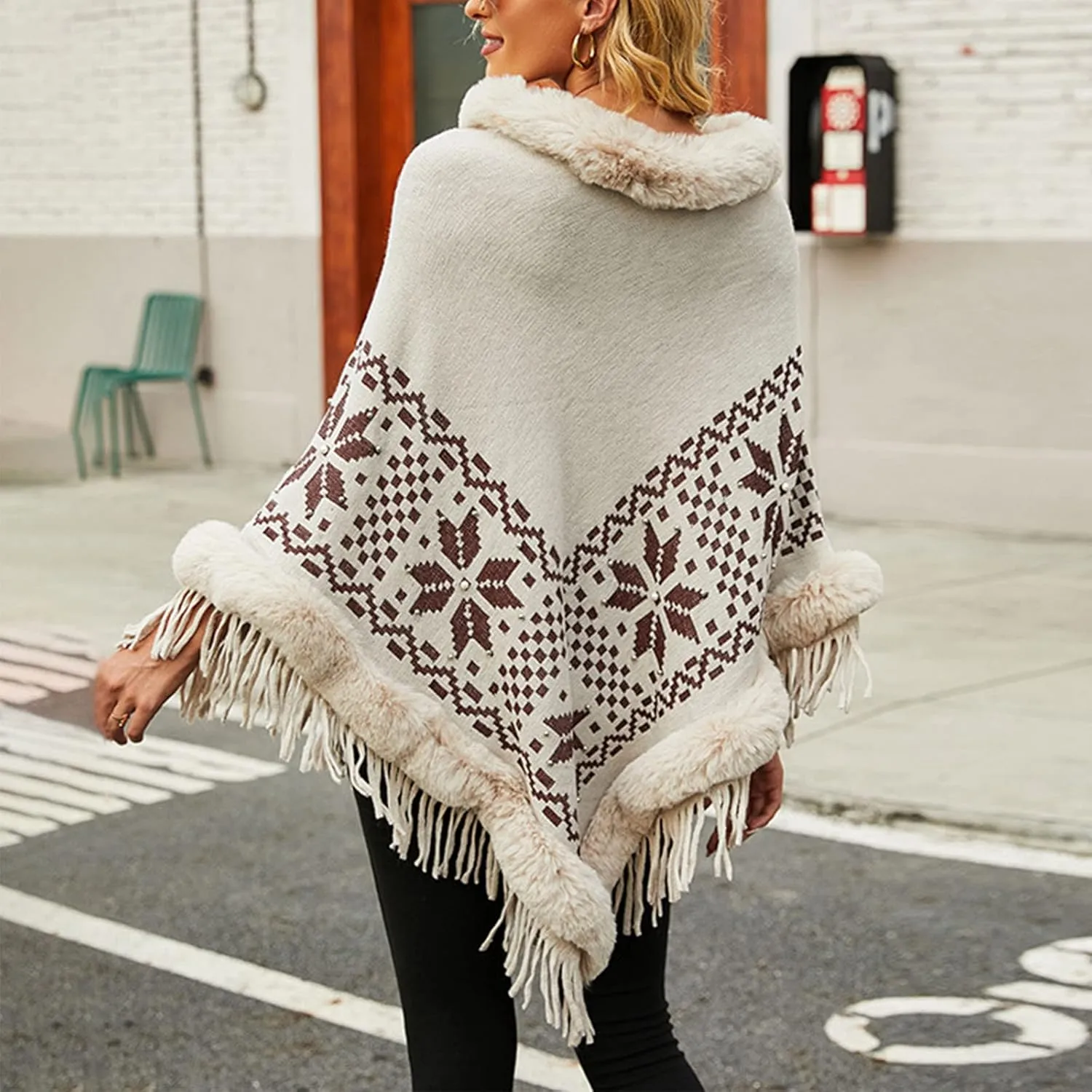NATHGAM Women's Turtleneck Tassel Wraps Shawl Boho Faux Fur Trim Winter Poncho Sweater Oversized Embroidered Soft Cape Cloak
