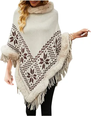 NATHGAM Women's Turtleneck Tassel Wraps Shawl Boho Faux Fur Trim Winter Poncho Sweater Oversized Embroidered Soft Cape Cloak