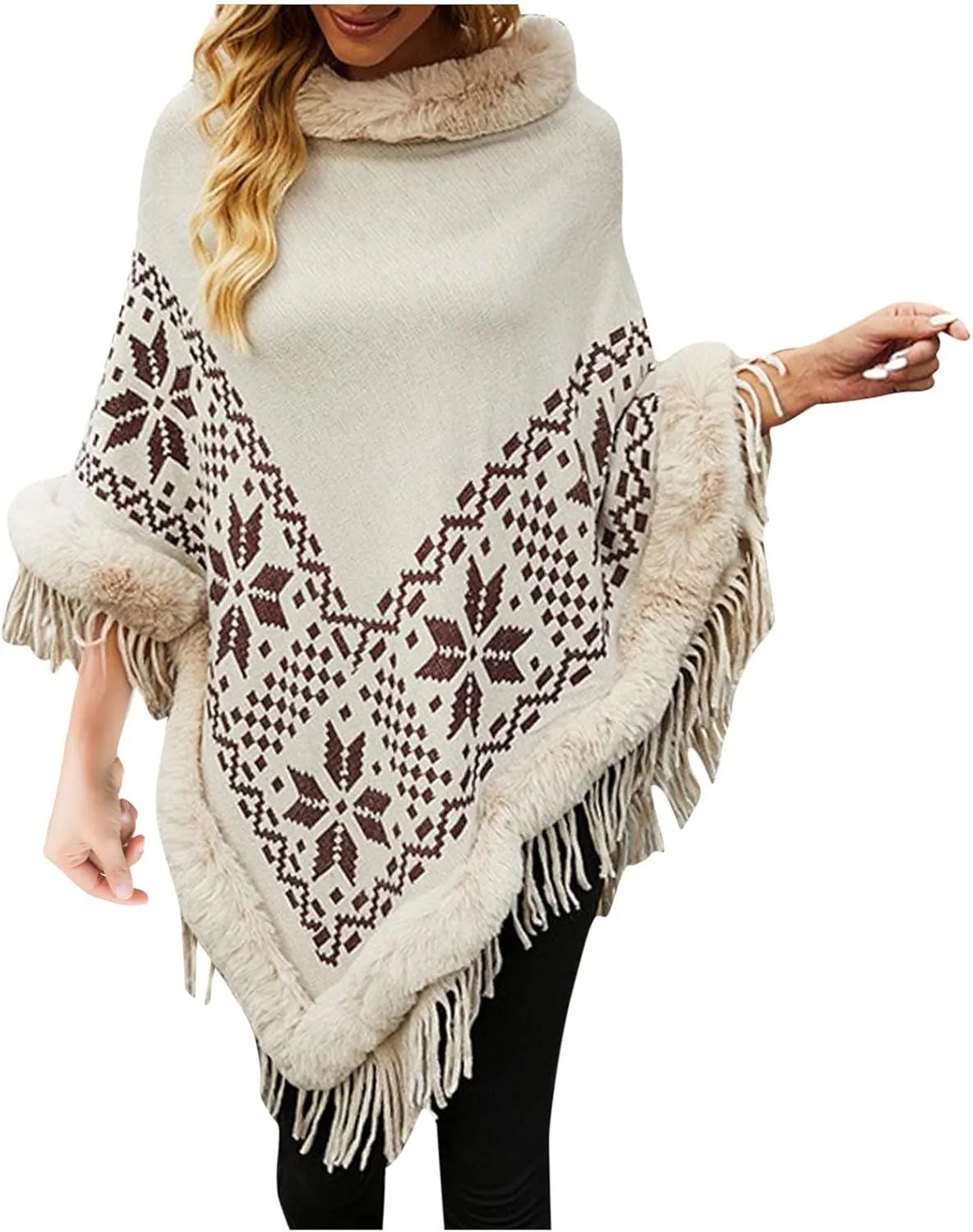 NATHGAM Women's Turtleneck Tassel Wraps Shawl Boho Faux Fur Trim Winter Poncho Sweater Oversized Embroidered Soft Cape Cloak
