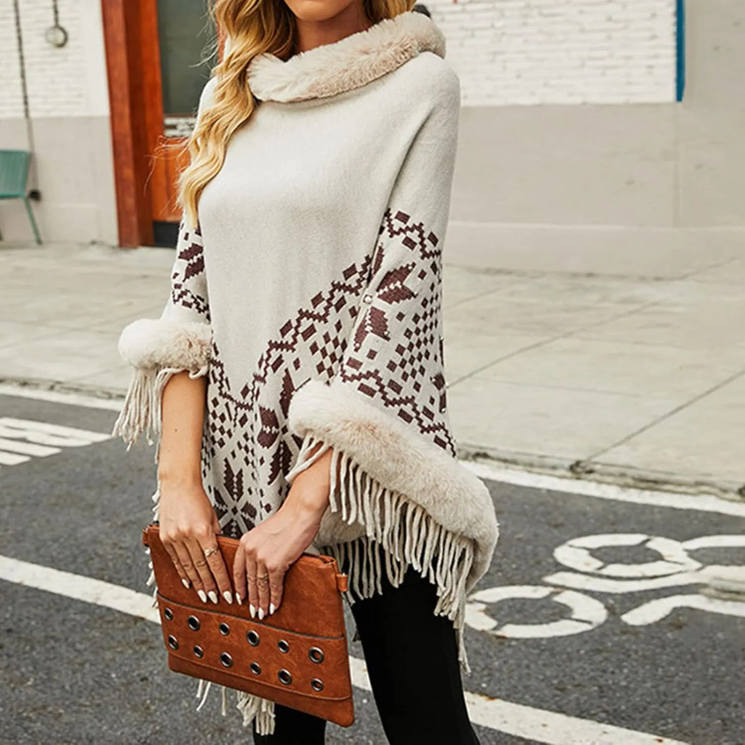 NATHGAM Women's Turtleneck Tassel Wraps Shawl Boho Faux Fur Trim Winter Poncho Sweater Oversized Embroidered Soft Cape Cloak