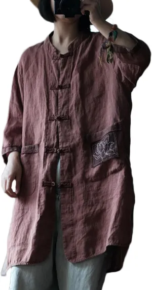 NFYM Women Lightweight Linen Kimono Jacket Frog Buttons Up Embroidery Pocket Vintage Cardigan Trench Coat
