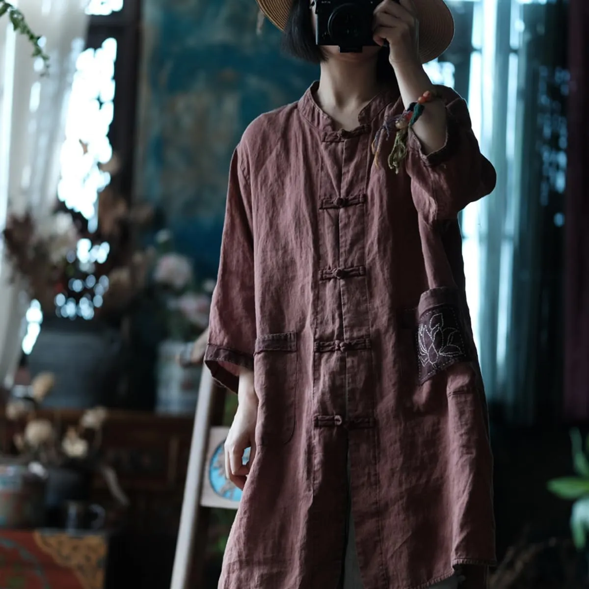 NFYM Women Lightweight Linen Kimono Jacket Frog Buttons Up Embroidery Pocket Vintage Cardigan Trench Coat