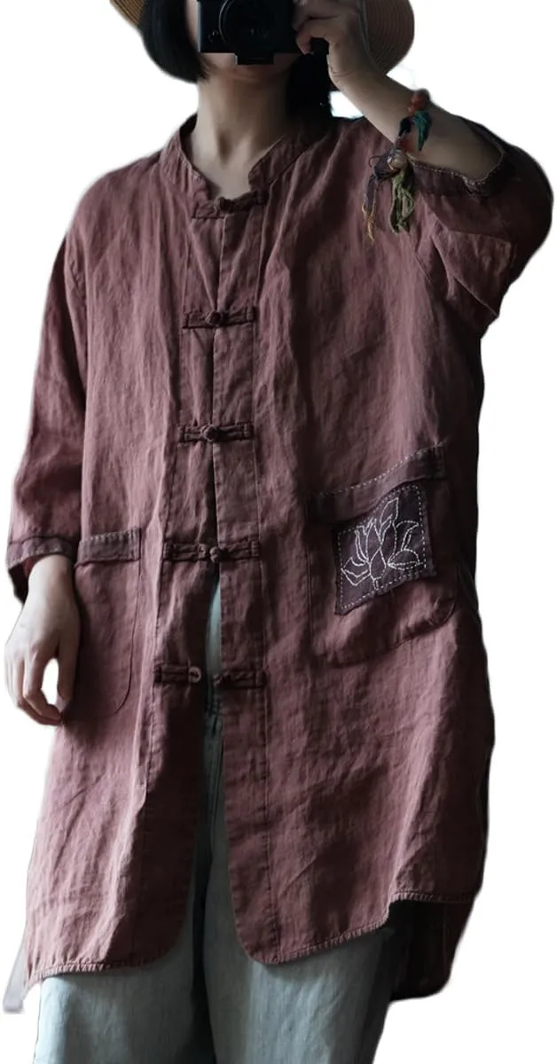 NFYM Women Lightweight Linen Kimono Jacket Frog Buttons Up Embroidery Pocket Vintage Cardigan Trench Coat