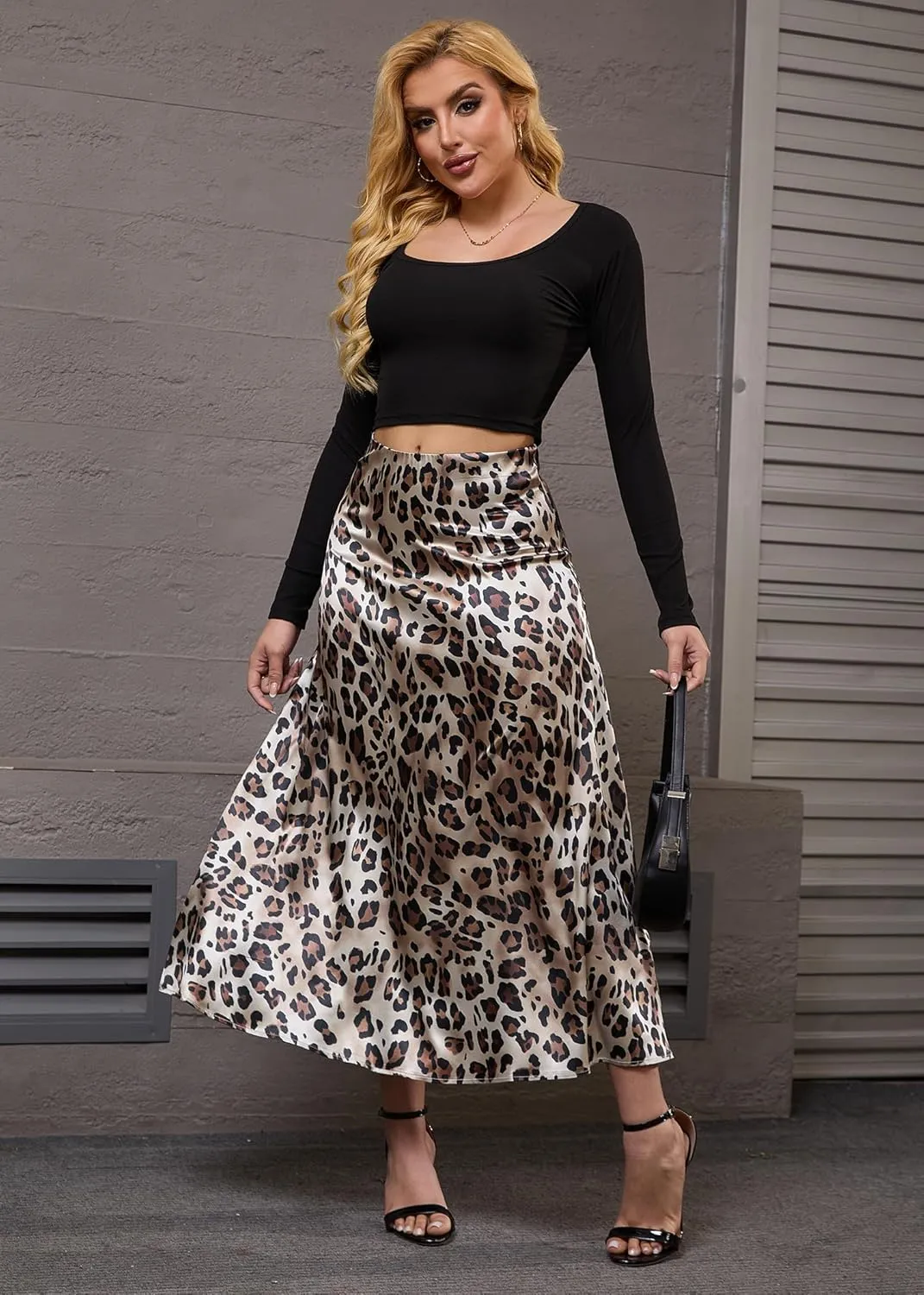 Nihsatin Women's Leopard Print Satin Skirt  Elegant A-Line Maxi Skirt for Casual and Formal Wear