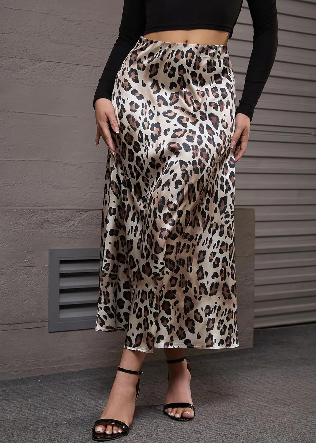 Nihsatin Women's Leopard Print Satin Skirt  Elegant A-Line Maxi Skirt for Casual and Formal Wear
