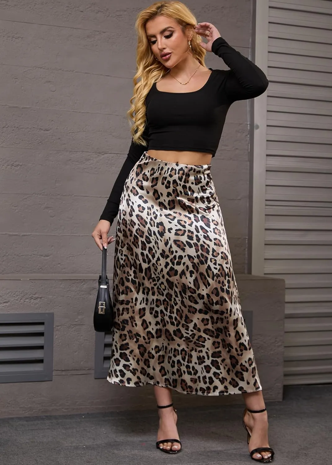 Nihsatin Women's Leopard Print Satin Skirt  Elegant A-Line Maxi Skirt for Casual and Formal Wear
