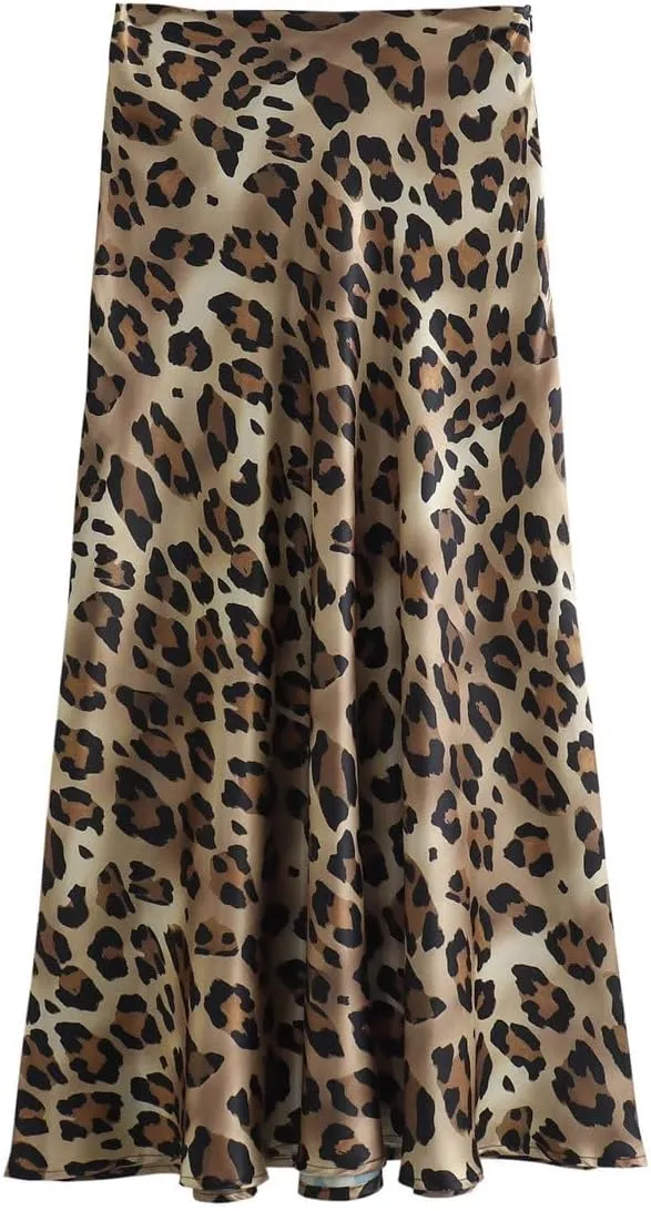 Nihsatin Women's Leopard Print Satin Skirt  Elegant A-Line Maxi Skirt for Casual and Formal Wear
