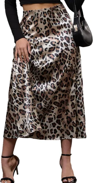 Nihsatin Women's Leopard Print Satin Skirt  Elegant A-Line Maxi Skirt for Casual and Formal Wear