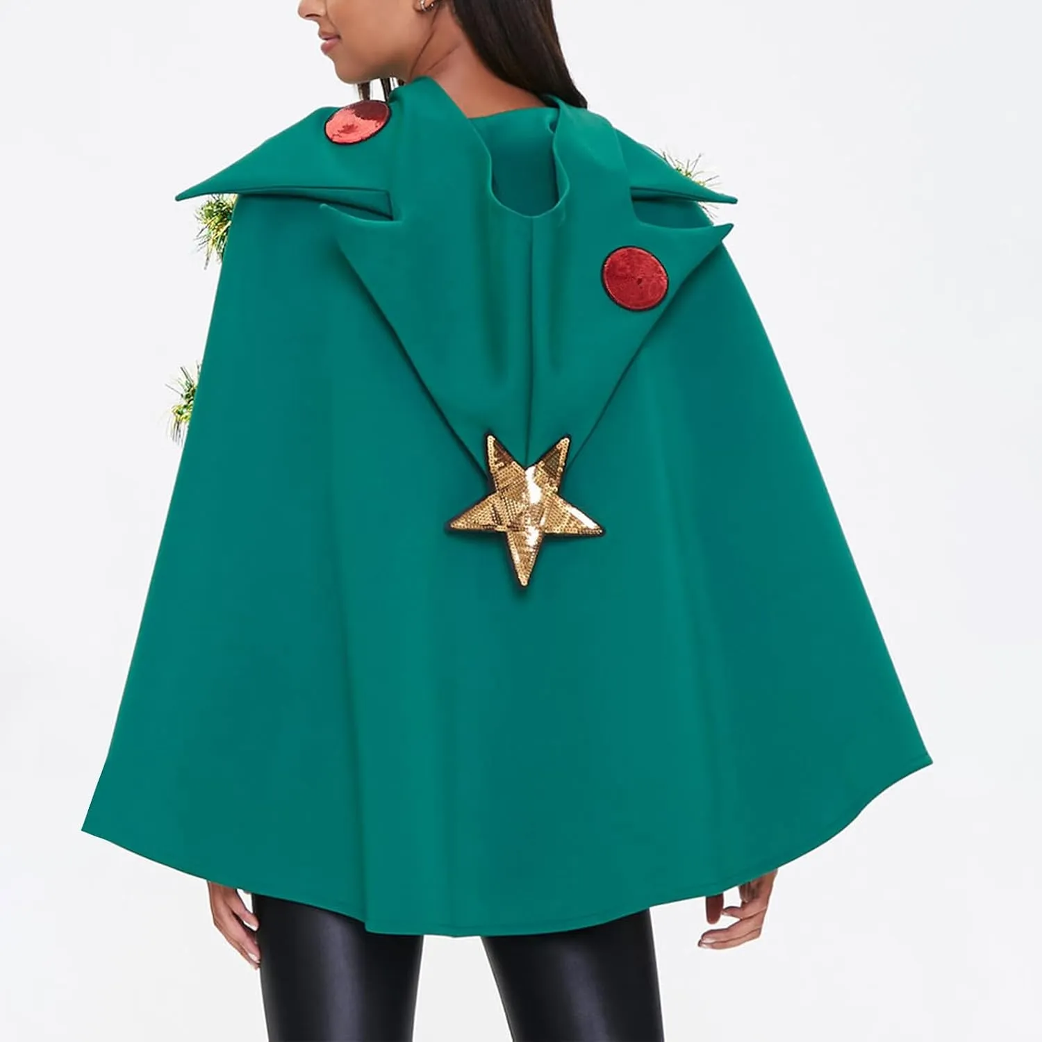 NUFIWI Adult Women Christmas Tree Shawl Costume Bow Balls Poncho Sleeveless Hooded Cloak Cosplay Party Green Cape Prop