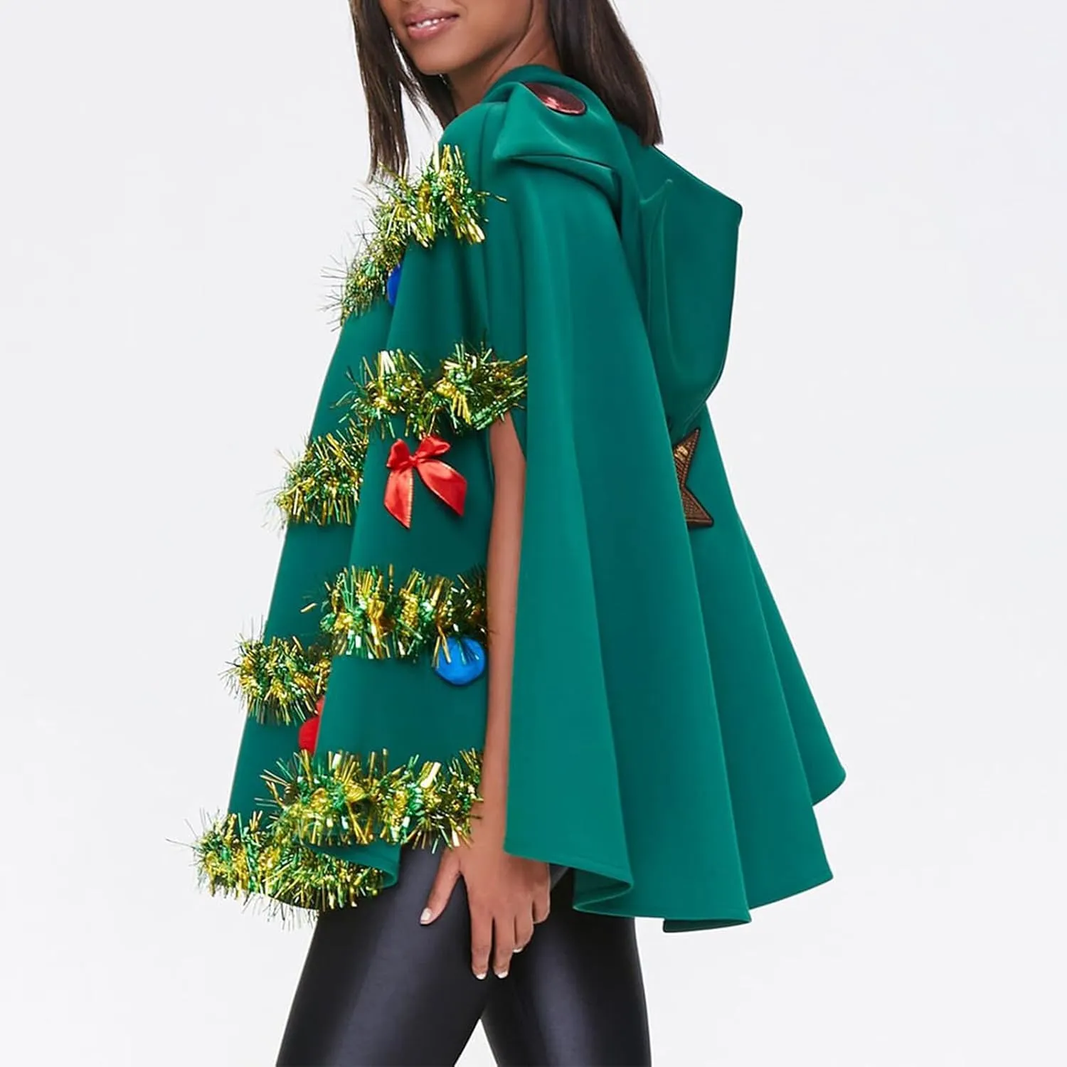NUFIWI Adult Women Christmas Tree Shawl Costume Bow Balls Poncho Sleeveless Hooded Cloak Cosplay Party Green Cape Prop
