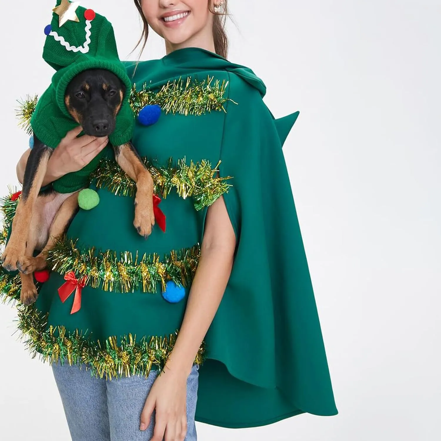 NUFIWI Adult Women Christmas Tree Shawl Costume Bow Balls Poncho Sleeveless Hooded Cloak Cosplay Party Green Cape Prop