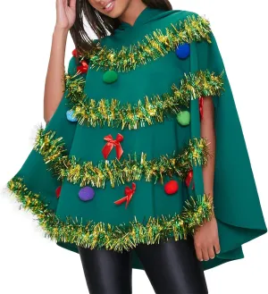 NUFIWI Adult Women Christmas Tree Shawl Costume Bow Balls Poncho Sleeveless Hooded Cloak Cosplay Party Green Cape Prop