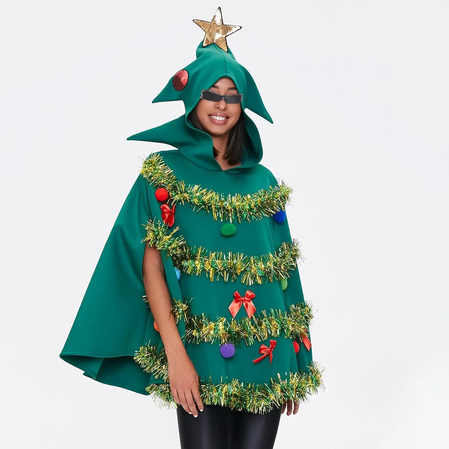 NUFIWI Adult Women Christmas Tree Shawl Costume Bow Balls Poncho Sleeveless Hooded Cloak Cosplay Party Green Cape Prop