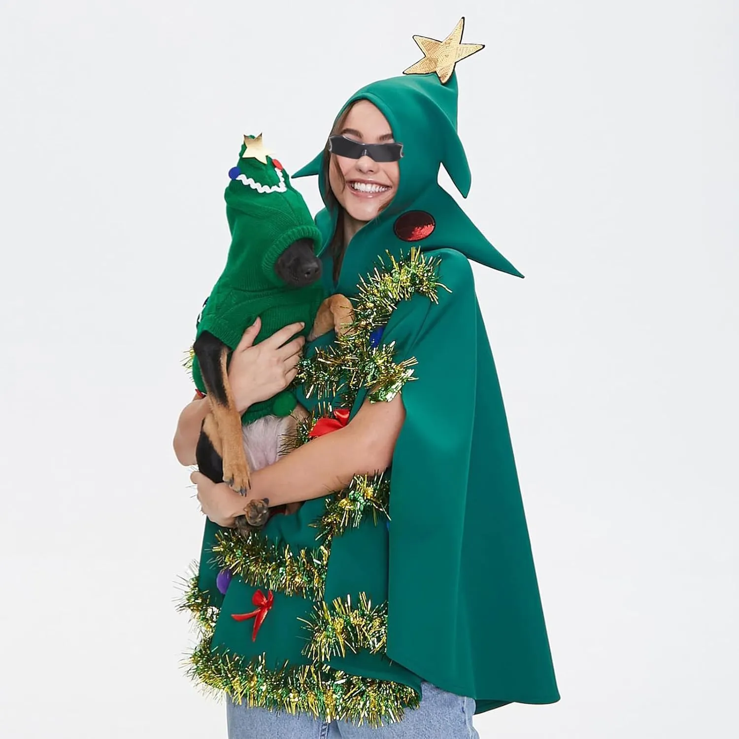 NUFIWI Adult Women Christmas Tree Shawl Costume Bow Balls Poncho Sleeveless Hooded Cloak Cosplay Party Green Cape Prop