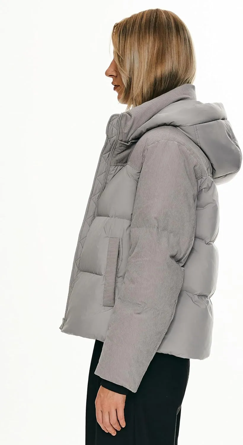 Orolay Women's Cropped Puffer Jacket Winter Hooded Zip Quilted Down Coat Warm Corduroy Fashion Outerwear with Pockets
