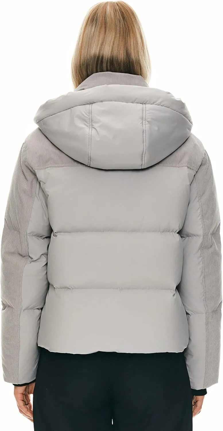 Orolay Women's Cropped Puffer Jacket Winter Hooded Zip Quilted Down Coat Warm Corduroy Fashion Outerwear with Pockets