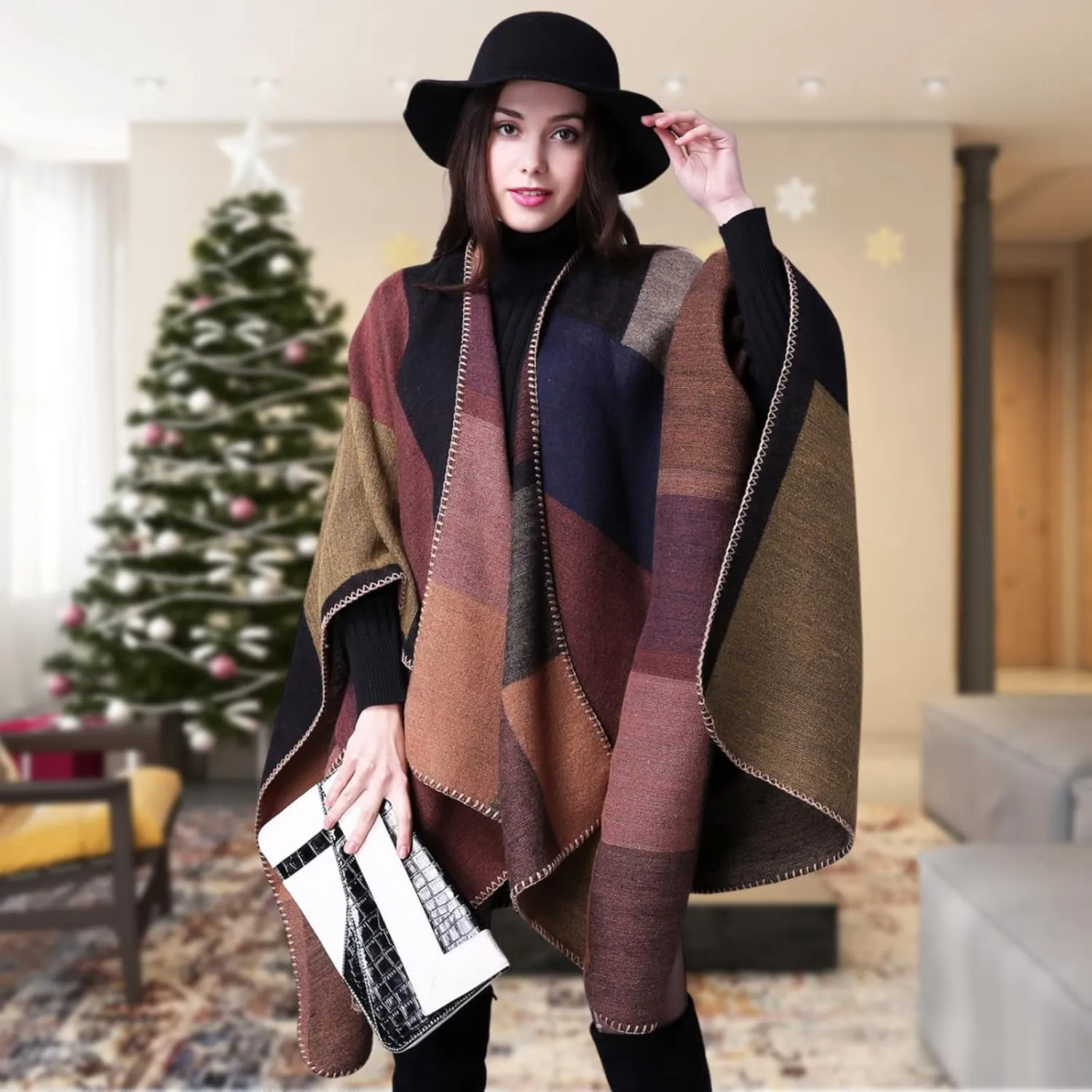 Pashmina Shawls and Wraps, Warm Knit Ruana Ponchos for Women, Open Front Cardigan Shawl Poncho Sweater Women