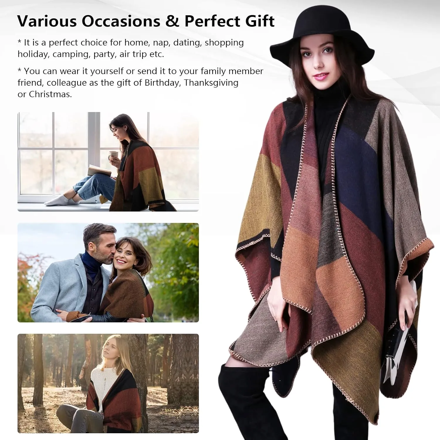 Pashmina Shawls and Wraps, Warm Knit Ruana Ponchos for Women, Open Front Cardigan Shawl Poncho Sweater Women