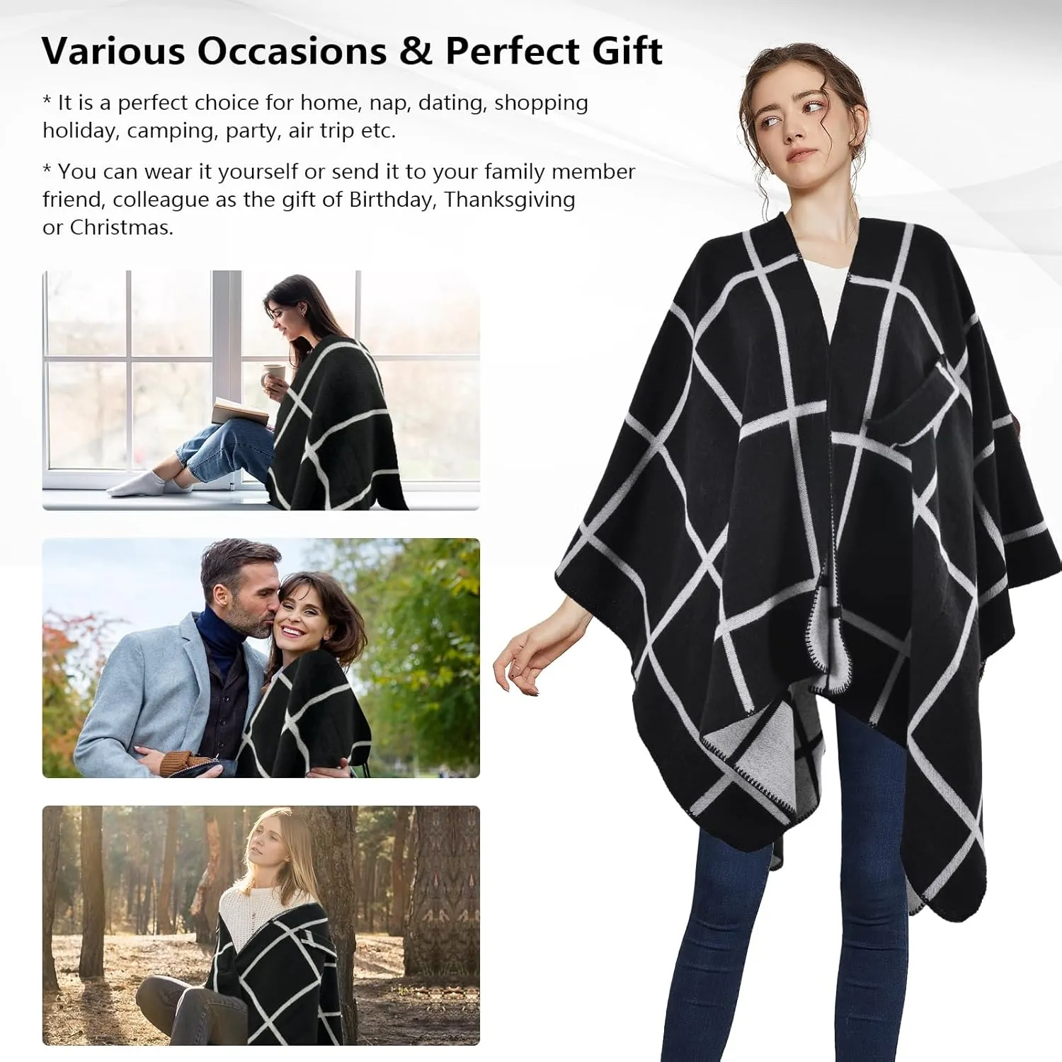Pashmina Shawls and Wraps, Warm Knit Ruana Ponchos for Women, Open Front Cardigan Shawl Poncho Sweater Women