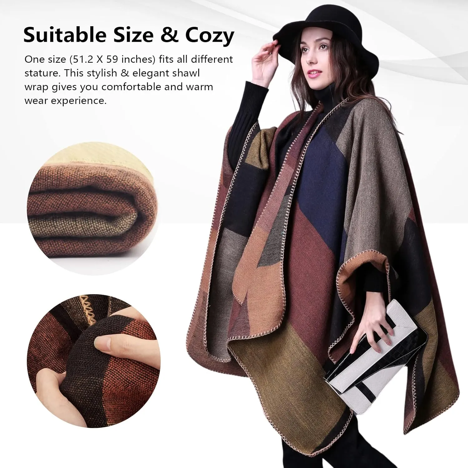 Pashmina Shawls and Wraps, Warm Knit Ruana Ponchos for Women, Open Front Cardigan Shawl Poncho Sweater Women