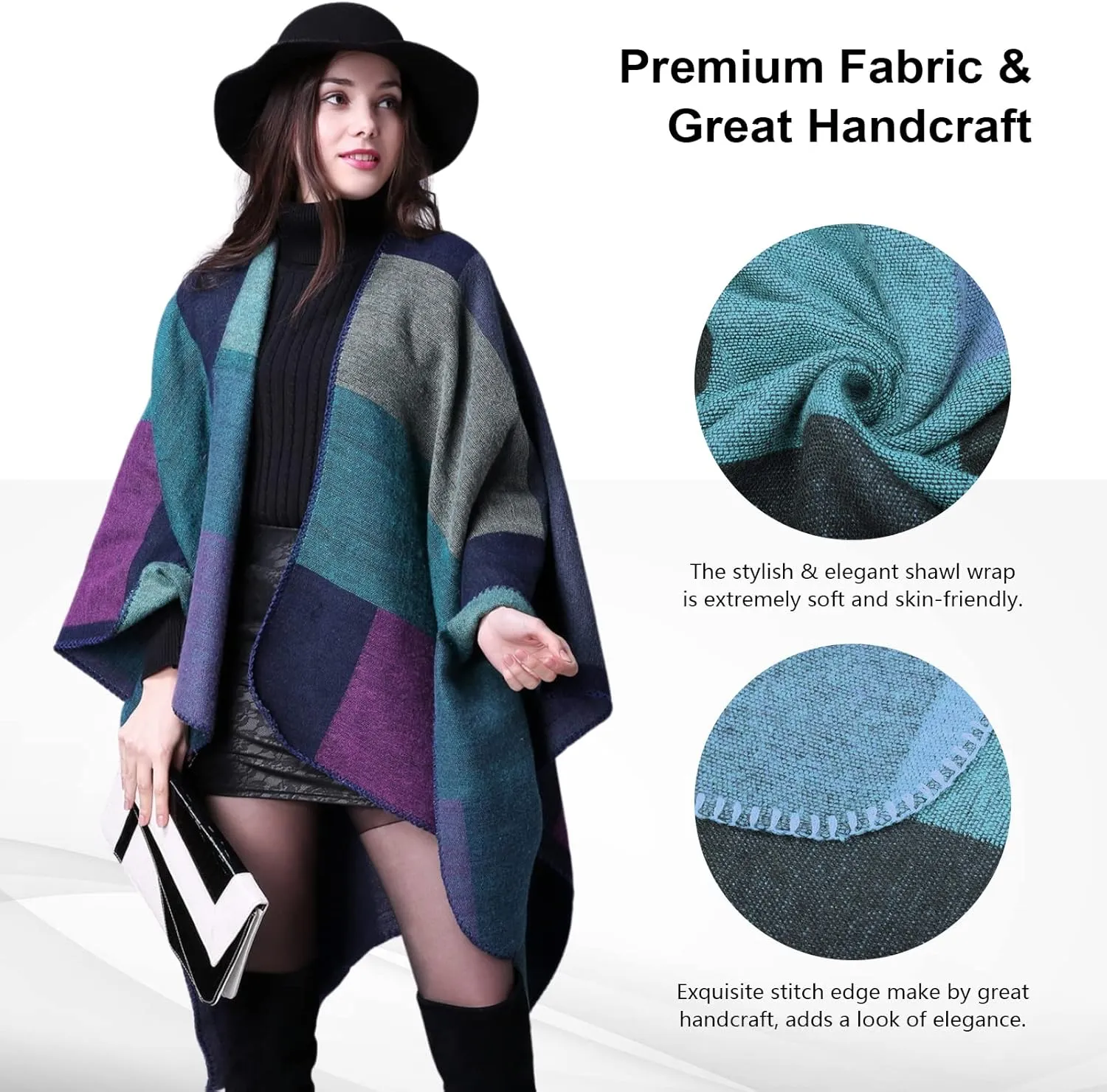 Pashmina Shawls and Wraps, Warm Knit Ruana Ponchos for Women, Open Front Cardigan Shawl Poncho Sweater Women