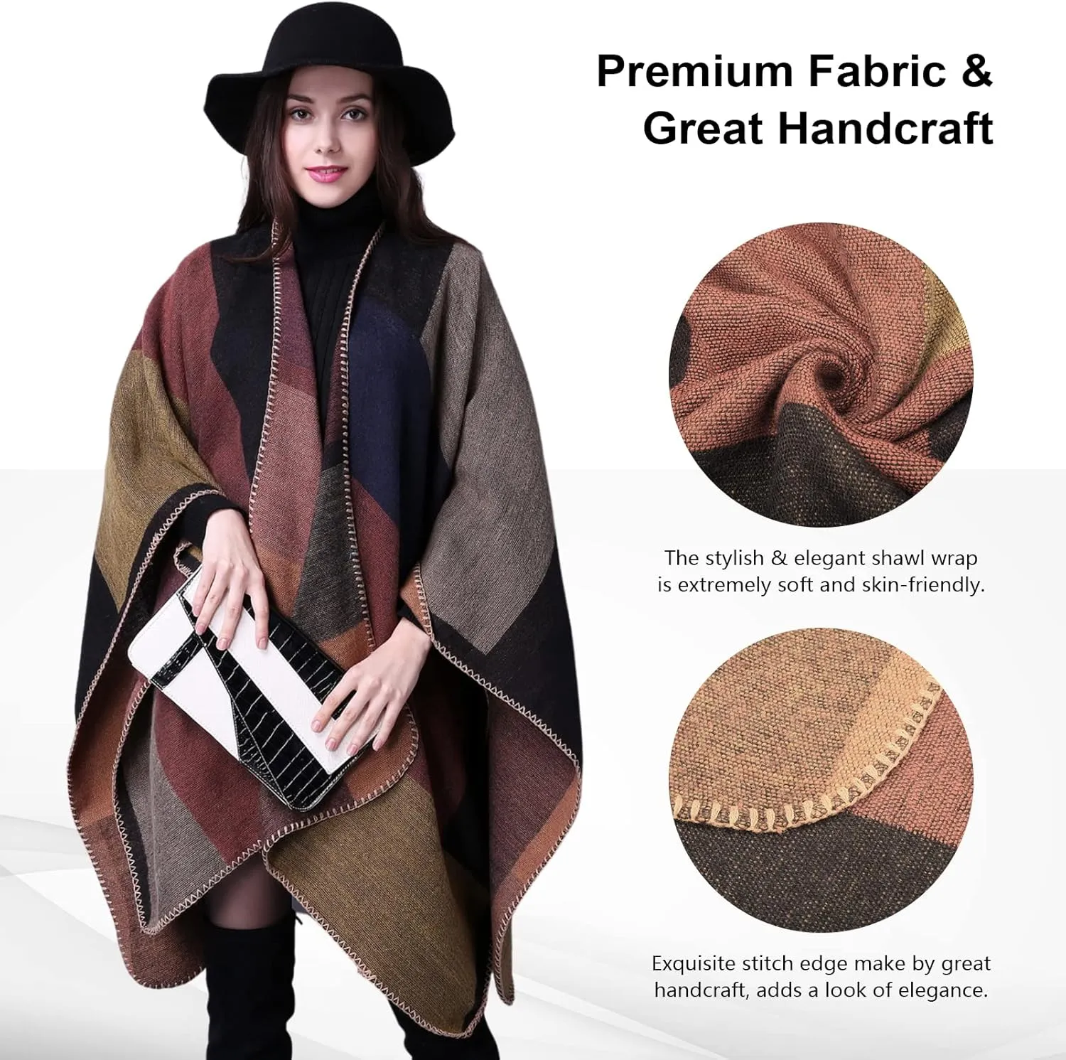 Pashmina Shawls and Wraps, Warm Knit Ruana Ponchos for Women, Open Front Cardigan Shawl Poncho Sweater Women