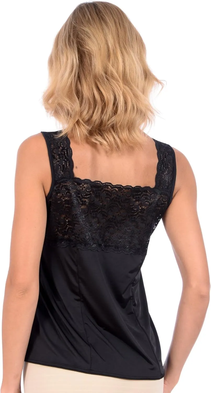 Patricia Women's Ultra Soft Satin Stretch Slip Camisole Tank Top with Wide Strap Lace Trim