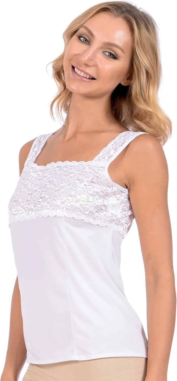 Patricia Women's Ultra Soft Satin Stretch Slip Camisole Tank Top with Wide Strap Lace Trim