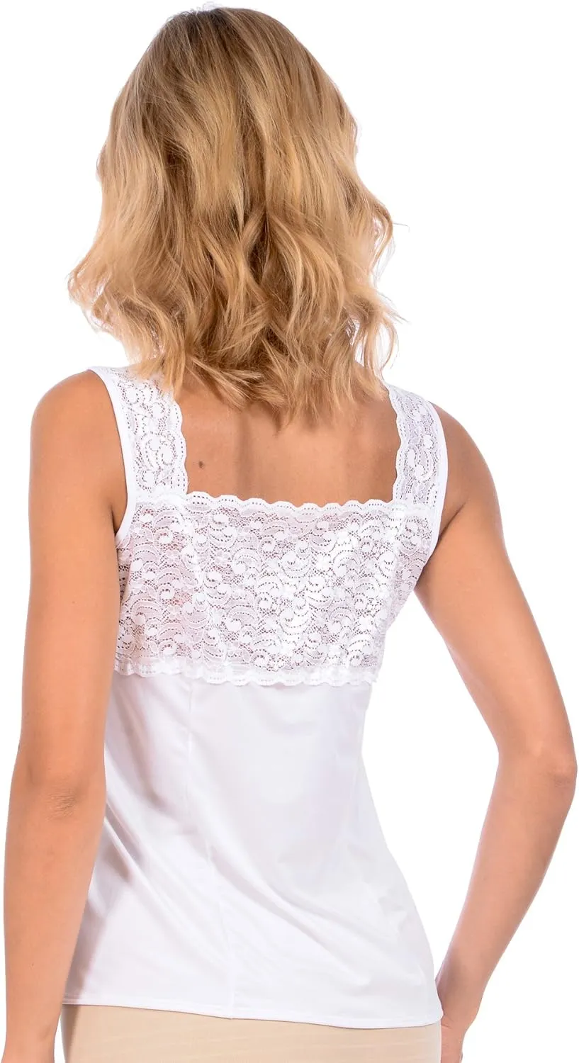 Patricia Women's Ultra Soft Satin Stretch Slip Camisole Tank Top with Wide Strap Lace Trim