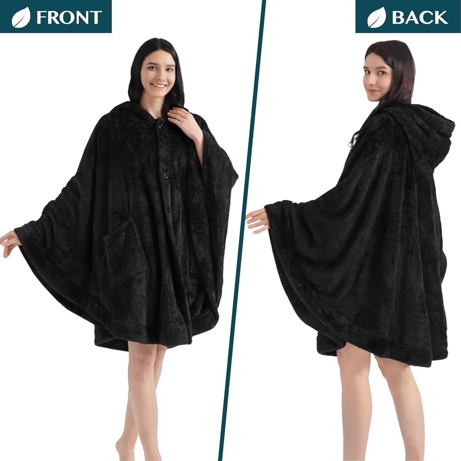 PAVILIA Angel Wrap Hooded Blanket Poncho, Wearable Blanket Throw Wrap Poncho for Women Adult, Cozy Fluffy Sherpa Fleece Shawl Cape with Hood pockets, Warm Gift for Mom Wife, Black