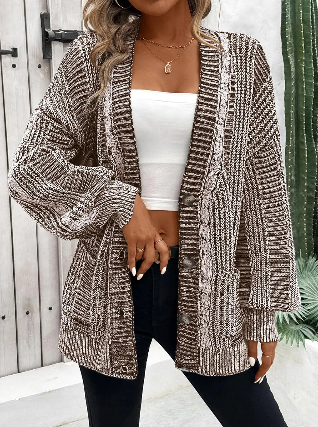 Pink Queen Women's 2024 Fall Winter Cardigan Sweater Long Sleeve Cable Knit Loose Outerwear Coat
