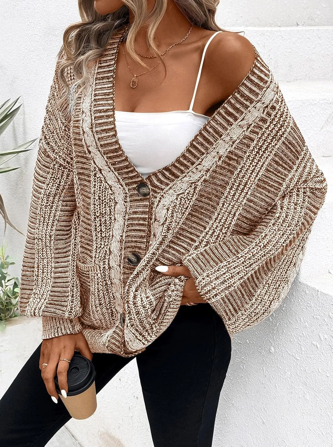 Pink Queen Women's 2024 Fall Winter Cardigan Sweater Long Sleeve Cable Knit Loose Outerwear Coat