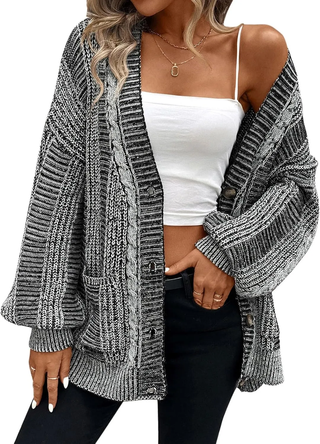 Pink Queen Women's 2024 Fall Winter Cardigan Sweater Long Sleeve Cable Knit Loose Outerwear Coat