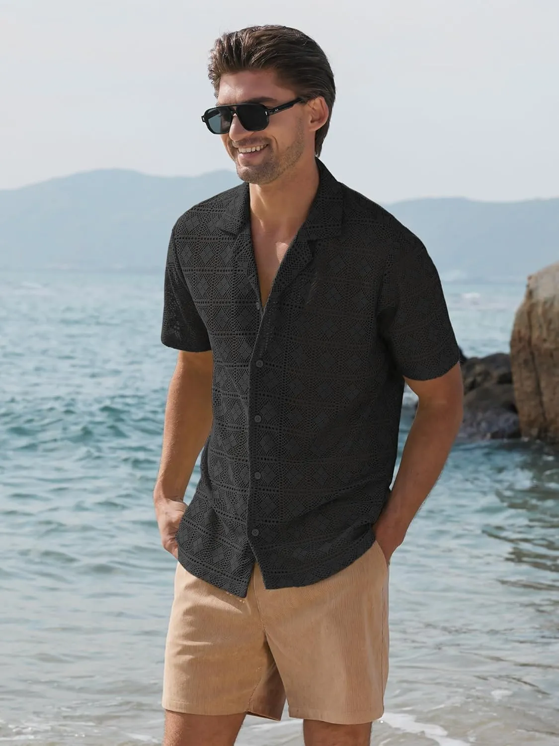 PLEPAN Mens Lace Shirt Hollow Out See Through Casual Short Sleeve Floral Summer Button Down Hawaiian Vacation Beach Shirts