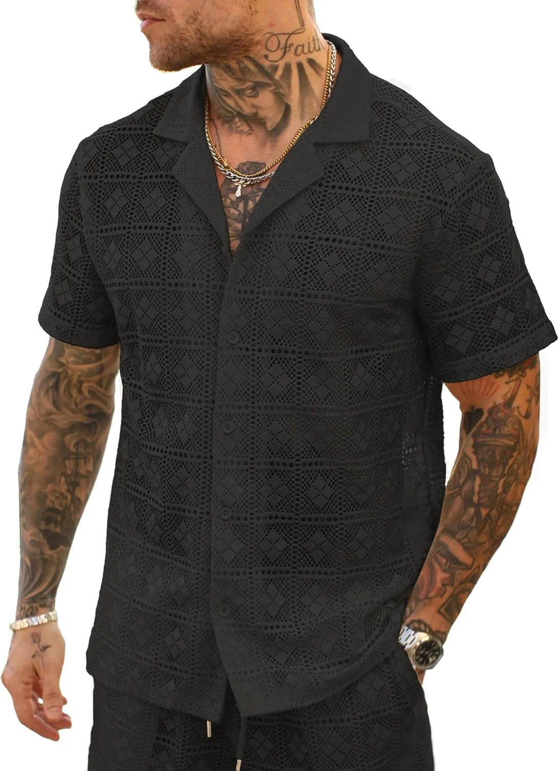 PLEPAN Mens Lace Shirt Hollow Out See Through Casual Short Sleeve Floral Summer Button Down Hawaiian Vacation Beach Shirts