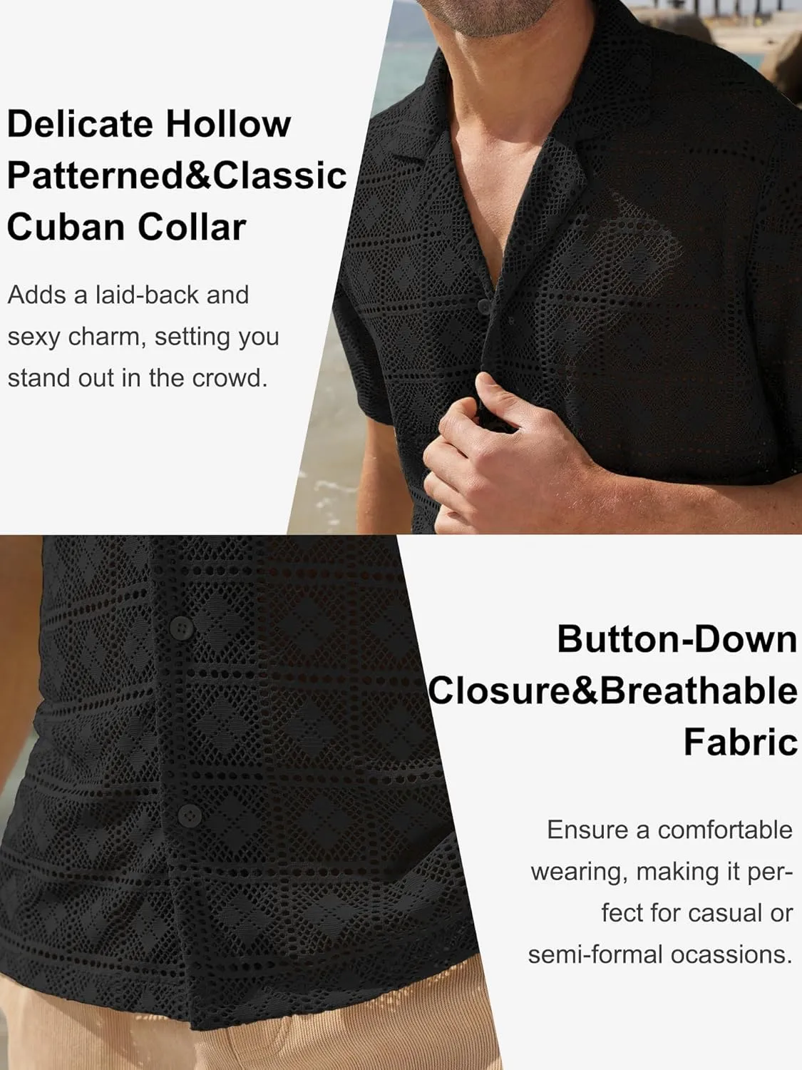 PLEPAN Mens Lace Shirt Hollow Out See Through Casual Short Sleeve Floral Summer Button Down Hawaiian Vacation Beach Shirts
