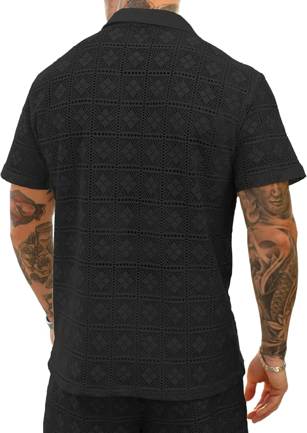 PLEPAN Mens Lace Shirt Hollow Out See Through Casual Short Sleeve Floral Summer Button Down Hawaiian Vacation Beach Shirts