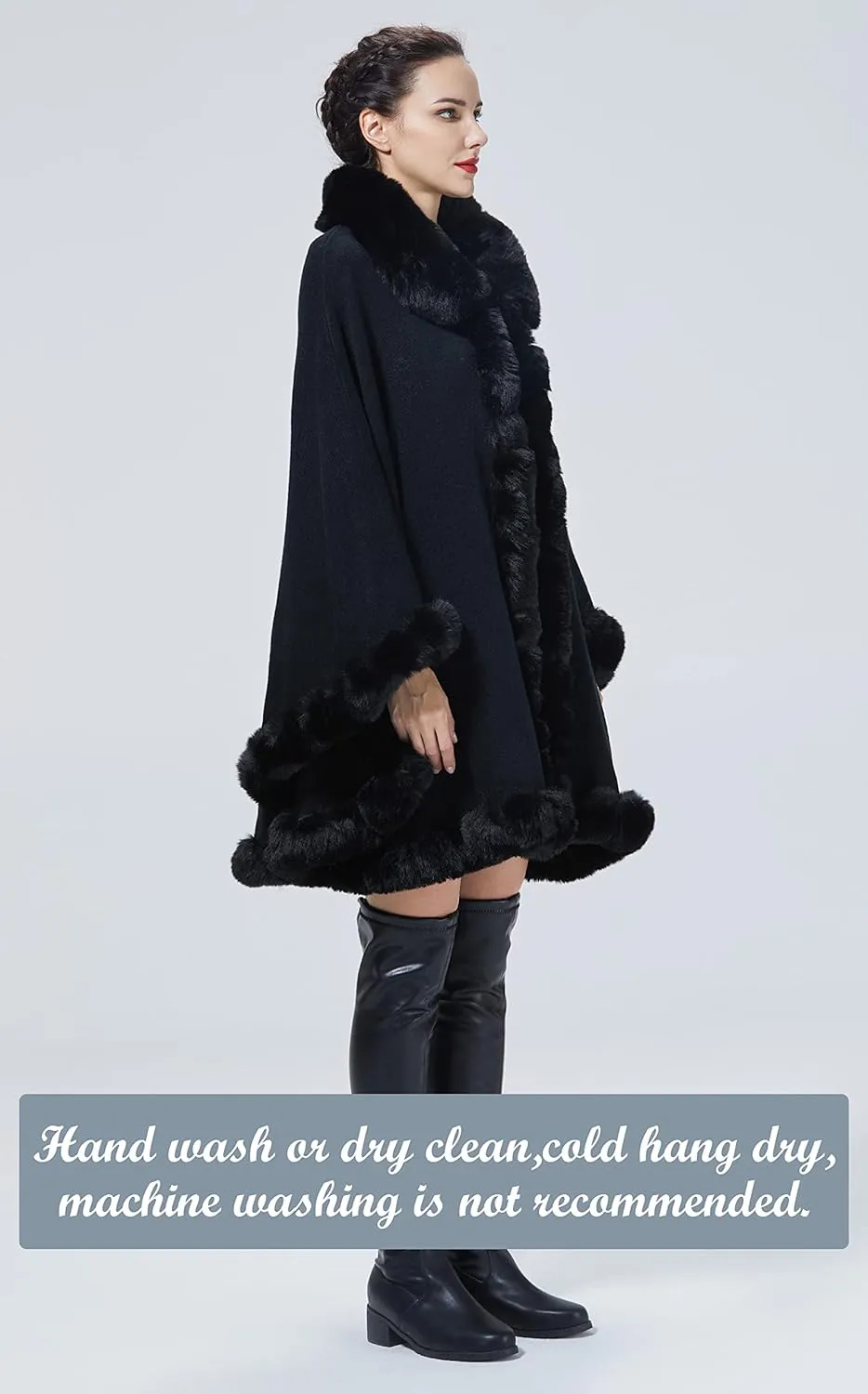 Poncho Shawl Wrap Winter Faux Fur Cape Cloak Coat with Faux Fur Trim Sleeveless Cardigan for Party