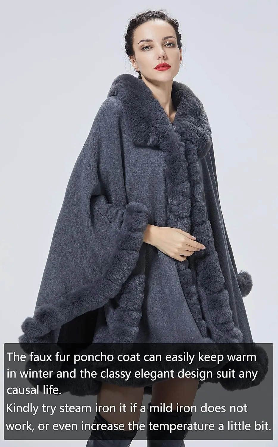 Poncho Shawl Wrap Winter Faux Fur Cape Cloak Coat with Faux Fur Trim Sleeveless Cardigan for Party